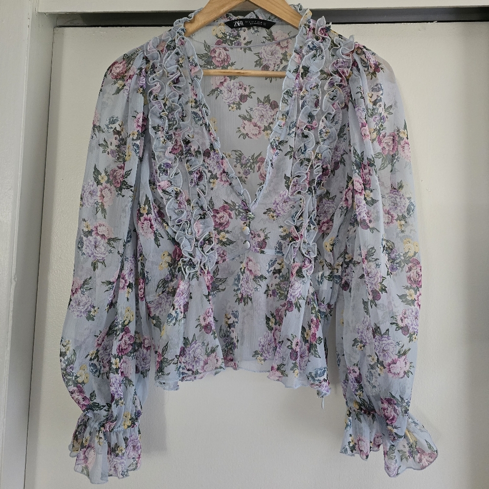 Zara Sheer Floral Print Blouse w/Ruffles